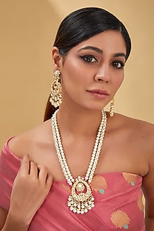 Gold Finish Moissanite Polki & Freshwater Pearl Long Necklace Set In Sterling Silver