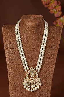 Gold Finish Moissanite Polki & Freshwater Pearl Long Necklace Set In Sterling Silver
