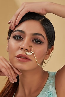 Gold Finish Moissanite Polki & Freshwater Pearl Nosering In Sterling Silver