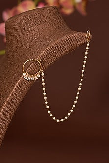 Gold Finish Moissanite Polki & Freshwater Pearl Nosering In Sterling Silver