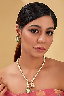 Gold Finish Moissanite Polki & Synthetic Stone Long Necklace Set In Sterling Silver