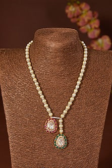 Gold Finish Moissanite Polki & Synthetic Stone Long Necklace Set In Sterling Silver