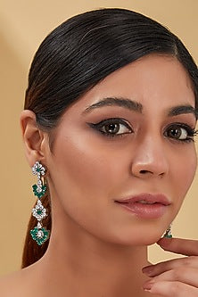 White Finish Zircon & Synthetic Emerald Dangler Earrings In Sterling Silver