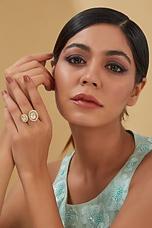 Gold Finish Moissanite Polki & CZ Ring In Sterling Silver