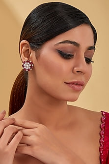 White Finish Zircon & Synthetic Ruby Stud Earrings In Sterling Silver