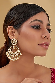 Gold Finish Moissanite Polki & Freshwater Pearl Chandbaali Earrings In Sterling Silver