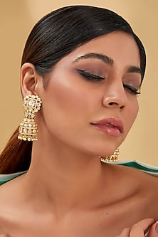 Gold Finish Moissanite Polki & CZ Dangler Earrings In Sterling Silver