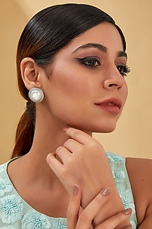 White Finish Zircon & Freshwater Pearl Stud Earrings In Sterling Silver