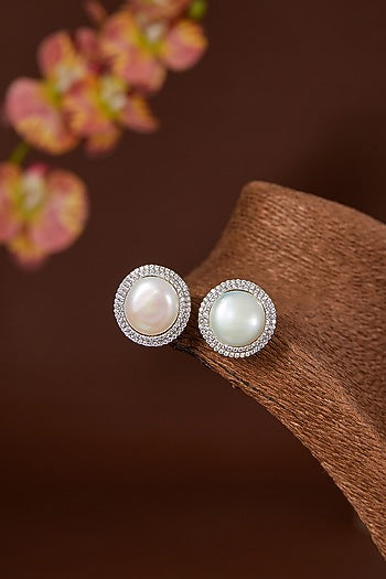 White Finish Zircon & Freshwater Pearl Stud Earrings In Sterling Silver