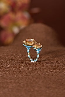 Gold Finish Moissanite Polki & CZ Ring In Sterling Silver