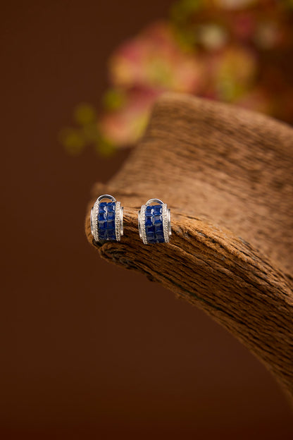 White Gold Finish Swarovski Zirconia & Sapphire Stone Hoop Earrings In Sterling Silver