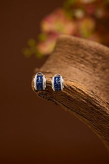 White Gold Finish Swarovski Zirconia & Sapphire Stone Hoop Earrings In Sterling Silver