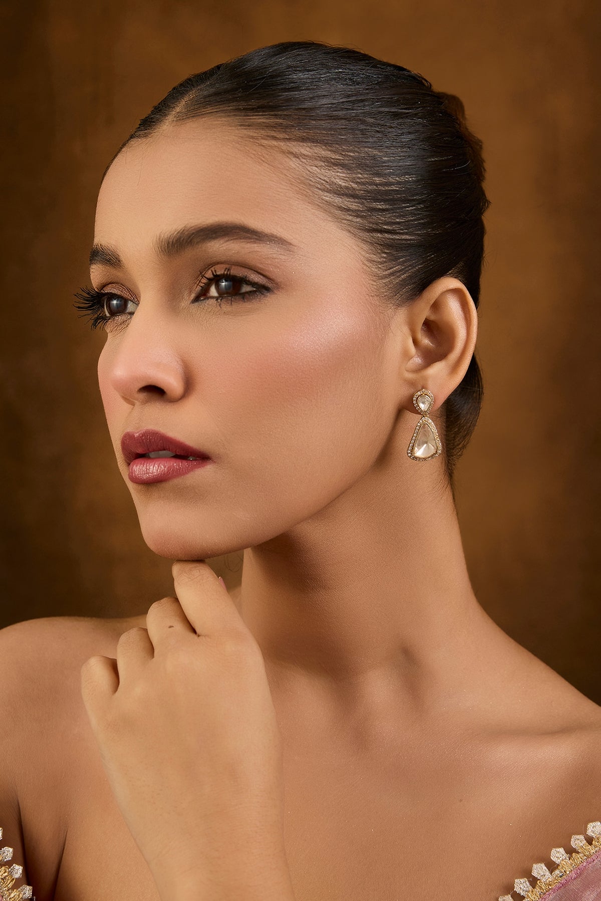 Gold Finish Eurostar Swarovski Zircon & Moissanite Polki Dangler Earrings In Sterling Silver