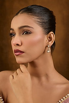 Gold Finish Eurostar Swarovski Zircon & Moissanite Polki Dangler Earrings In Sterling Silver