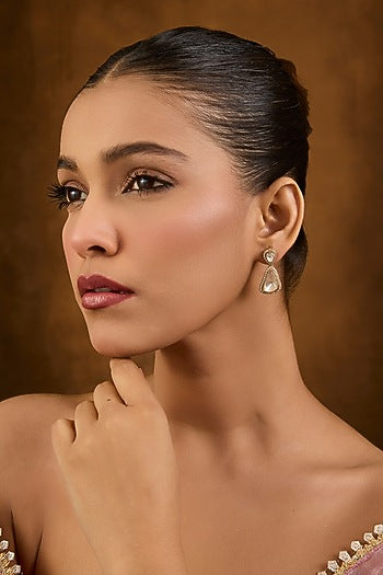 Gold Finish Eurostar Swarovski Zircon & Moissanite Polki Dangler Earrings In Sterling Silver