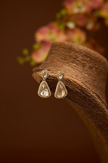 Gold Finish Eurostar Swarovski Zircon & Moissanite Polki Dangler Earrings In Sterling Silver