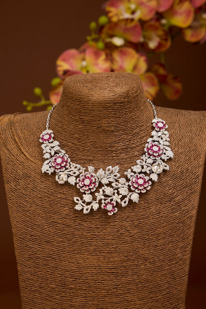 White Gold Finish Swarovski Zircon & Ruby Stone Necklace Set In Sterling Silver