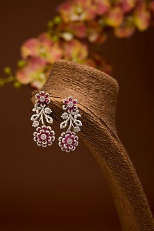 White Gold Finish Swarovski Zircon & Ruby Stone Necklace Set In Sterling Silver