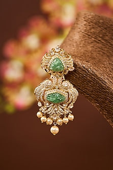 Yellow Gold Finish Eurostar Zircon & Freshwater Pearl Brooch Cum Pendant In Sterling Silver