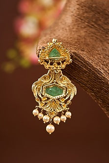 Yellow Gold Finish Eurostar Zircon & Freshwater Pearl Brooch Cum Pendant In Sterling Silver