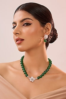 White Gold Finish Eurostar Zircon & Detachable Emerald Bead Necklace Set In Sterling Silver