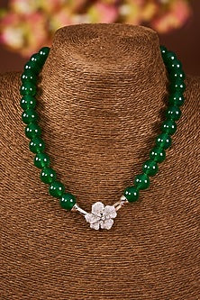 White Gold Finish Eurostar Zircon & Detachable Emerald Bead Necklace Set In Sterling Silver