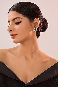 White Gold Finish Eurostar Zircon & Emerald Stone Stud Earrings In Sterling Silver