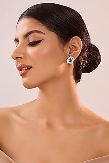 White Gold Finish Eurostar Zircon & Emerald Stone Stud Earrings In Sterling Silver