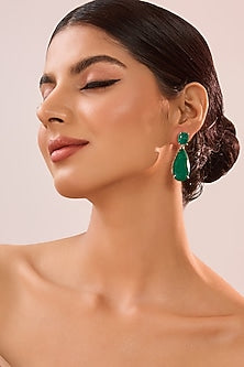 White Gold Finish Eurostar Zircon & Emerald Stone Dangler Earrings In Sterling Silver