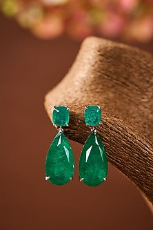 White Gold Finish Eurostar Zircon & Emerald Stone Dangler Earrings In Sterling Silver