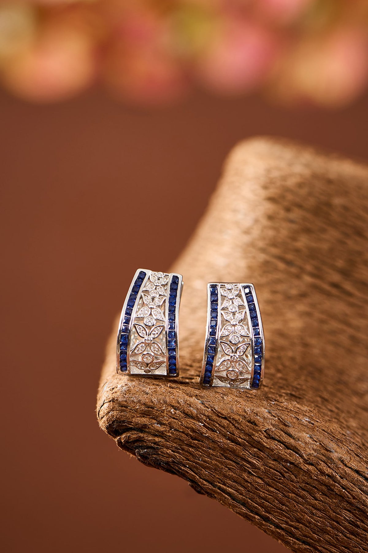 White Gold Finish Eurostar Zircon & Blue Sapphire Stone Stud Earrings In Sterling Silver