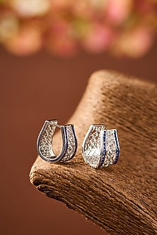 White Gold Finish Eurostar Zircon & Blue Sapphire Stone Stud Earrings In Sterling Silver