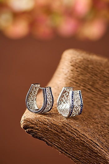 White Gold Finish Eurostar Zircon & Blue Sapphire Stone Stud Earrings In Sterling Silver
