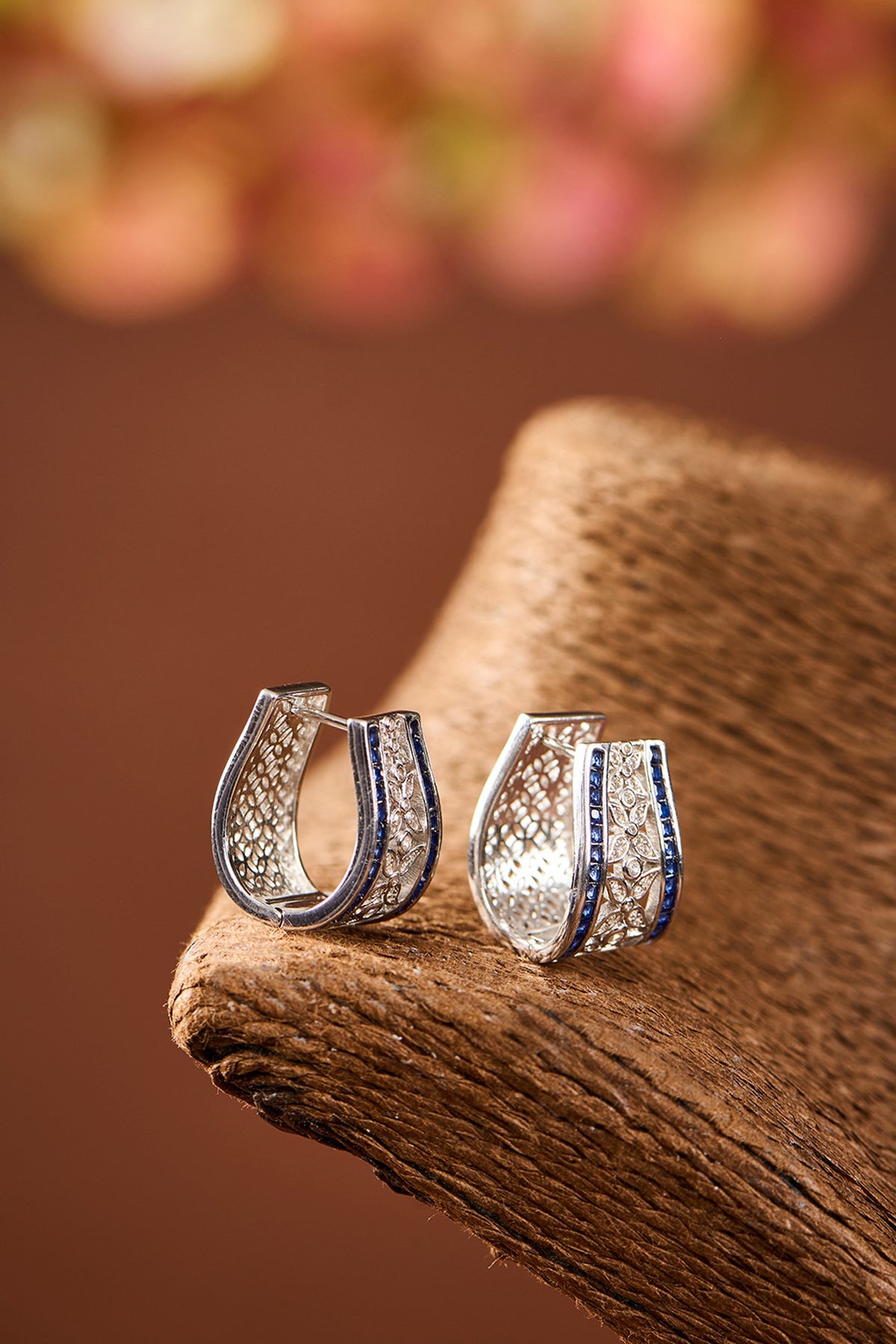 White Gold Finish Eurostar Zircon & Blue Sapphire Stone Stud Earrings In Sterling Silver