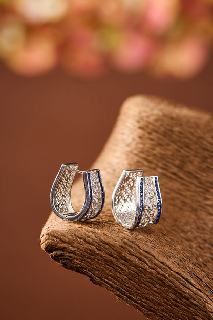 White Gold Finish Eurostar Zircon & Blue Sapphire Stone Stud Earrings In Sterling Silver