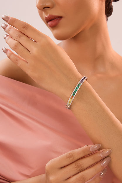 White Gold Finish Eurostar Zircon & Multi-Colored Sapphire Stone Bangle In Sterling Silver