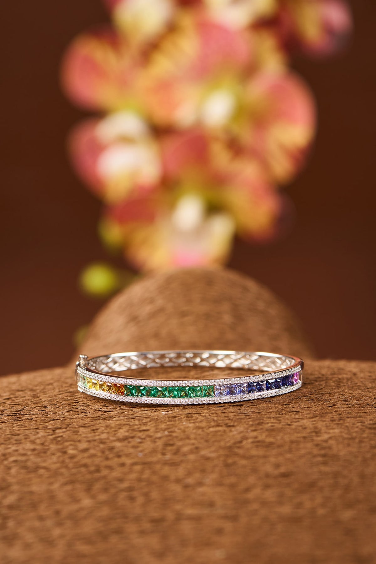 White Gold Finish Eurostar Zircon & Multi-Colored Sapphire Stone Bangle In Sterling Silver