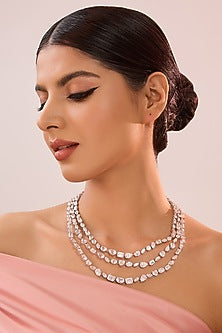 White Gold Finish Eurostar Zircon Layered Necklace In Sterling Silver