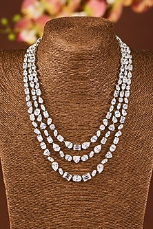 White Gold Finish Eurostar Zircon Layered Necklace In Sterling Silver