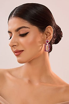 White Gold Finish Eurostar Zircon & Ruby Stone Dangler Earrings In Sterling Silver