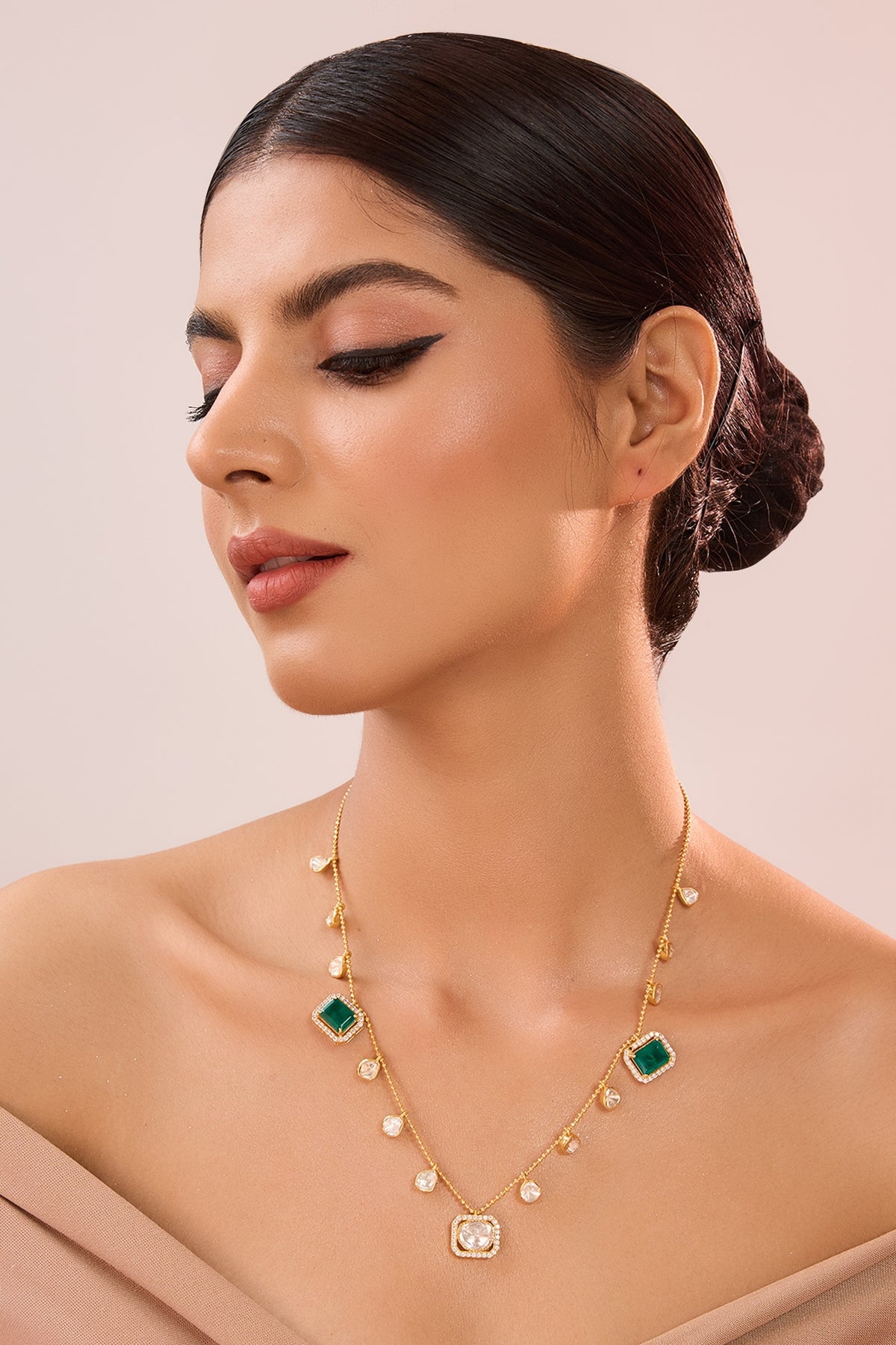 Yellow Gold Finish Moissanite Polki & Emerald Stone Necklace In Sterling Silver