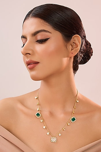 Yellow Gold Finish Moissanite Polki & Emerald Stone Necklace In Sterling Silver
