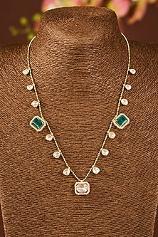 Yellow Gold Finish Moissanite Polki & Emerald Stone Necklace In Sterling Silver