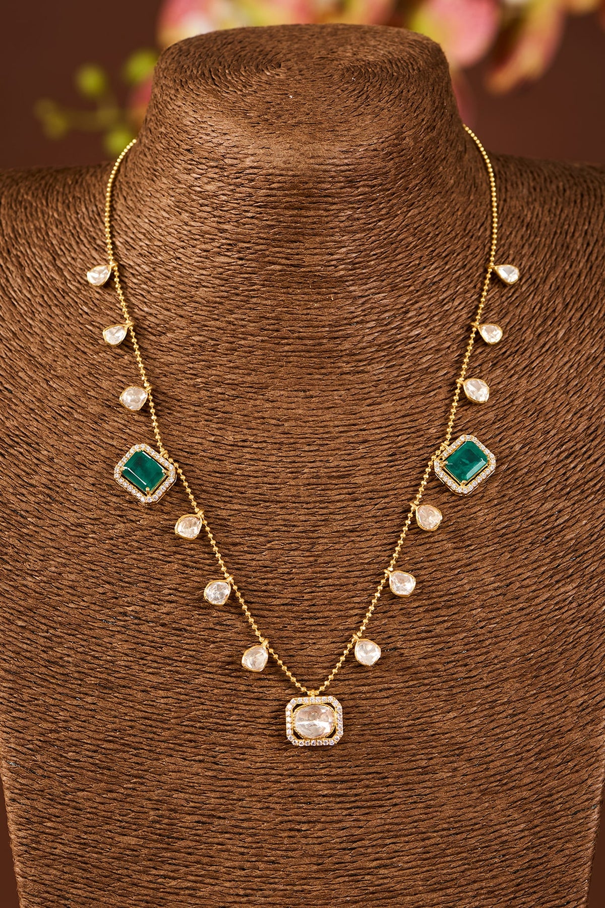 Yellow Gold Finish Moissanite Polki & Emerald Stone Necklace In Sterling Silver