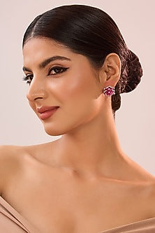 White Gold Finish Eurostar Zircon & Ruby Stone Stud Earrings In Sterling Silver