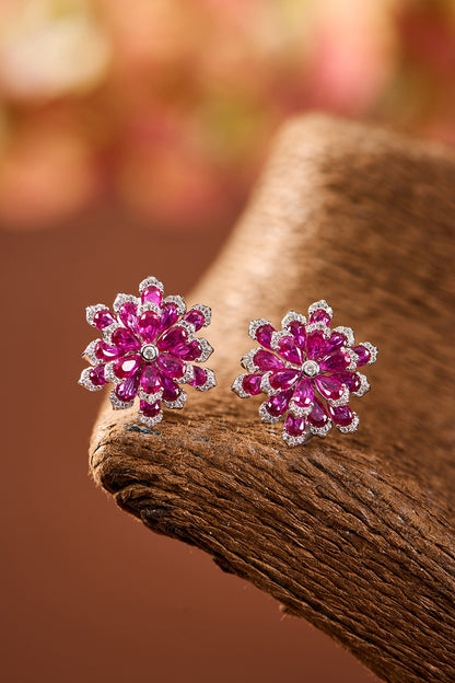 White Gold Finish Eurostar Zircon & Ruby Stone Stud Earrings In Sterling Silver