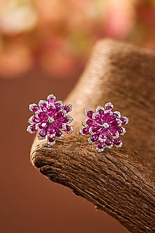 White Gold Finish Eurostar Zircon & Ruby Stone Stud Earrings In Sterling Silver