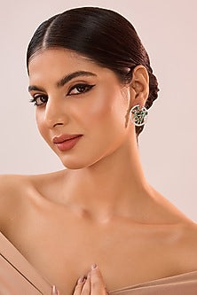 White Gold Finish Eurostar Zircon & Emerald Stone Stud Earrings In Sterling Silver