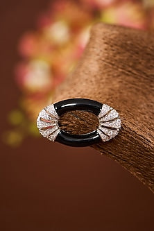 Yellow Gold Finish Eurostar Zircon Black Enameled Brooch In Sterling Silver