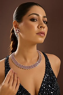 White Gold Finish Zircon & Ruby Stone Necklace Set In Sterling Silver